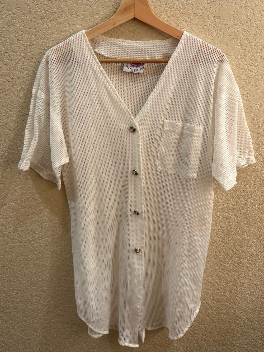 Vintage Under the Sun White Mesh Button-Front Beach Cover Up